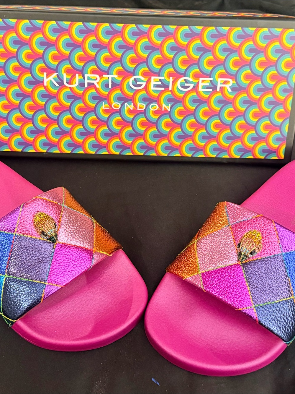 Kurt Geiger Slide Sandals with M Diamond Strap. NWT in Box. Size 7